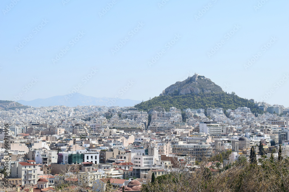 Mount Lycabettus, a hill in Athens, Greece at 300 meters (908 feet) above sea level.