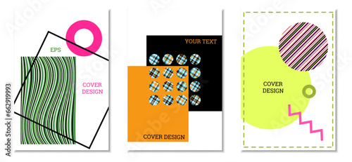 Geometric cover design, set of 3 covers. Abstract unusual background in Memphis style. Bright geometric shapes in random order