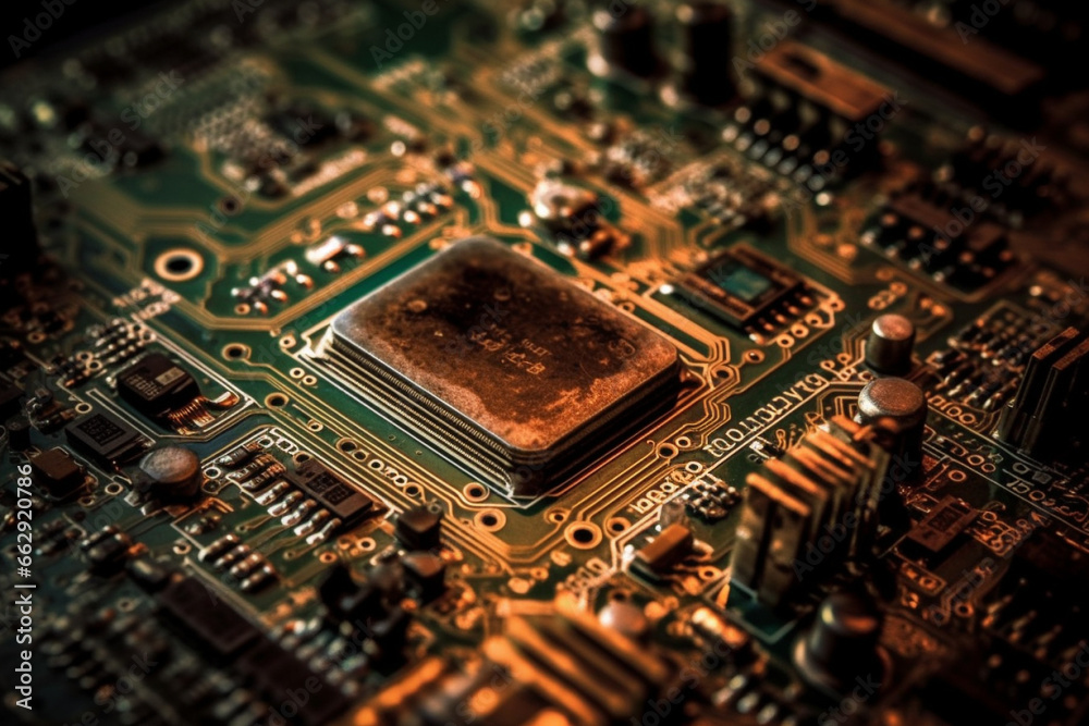 Explore the intricate details of a computer motherboard, emphasizing the advanced technology embedded in its microchip. Ai generated Explore the intricate details of a computer motherboard, emphasizing the advanced technology embedded in its microchip. Ai generated