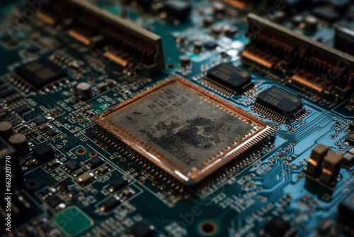 Explore the intricate details of a computer motherboard, emphasizing the advanced technology embedded in its microchip. Ai generated