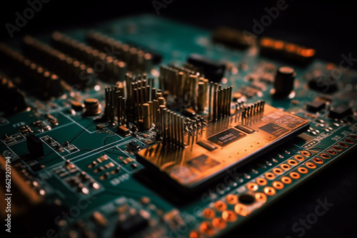 Explore the intricate details of a computer motherboard, emphasizing the advanced technology embedded in its microchip. Ai generated