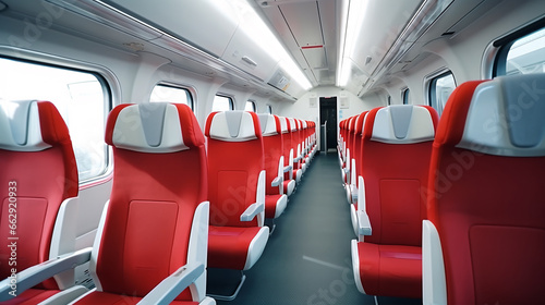 Red interior of a European economy class fast train, devoid of travelers..
