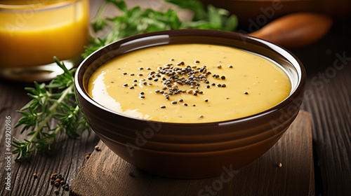 Mustard sauce in bowl with thyme and mustard seeds on wooden background photo