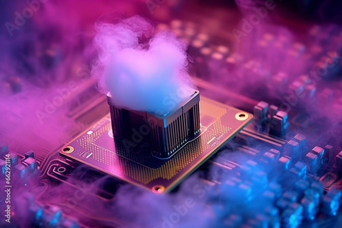  Delve into the artistic representation of computer motherboard chip surrounded by ethereal blue and pink smoke, symbolizing the dynamic world of technology. Ai generated