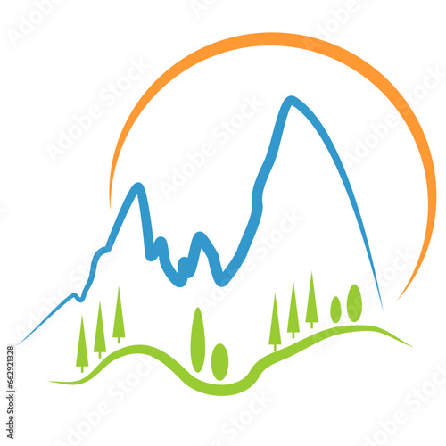 Berge, Wiese, Bäume und Sonne, Reisen, Sport, Tourismus Logo