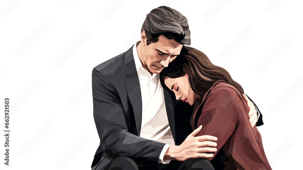 A grief counselor comforts a person dealing with recent loss in a somber setting. A grief counselor comforts a person dealing with recent loss in a somber setting.