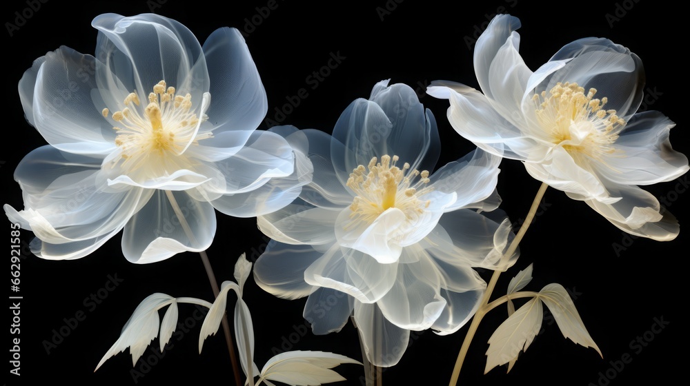 Fototapeta premium an x-ray art image of transparent peonies on black background. Beautiful blooming flowers.Illustration for cover, card, postcard, interior design, packaging, invitations or print