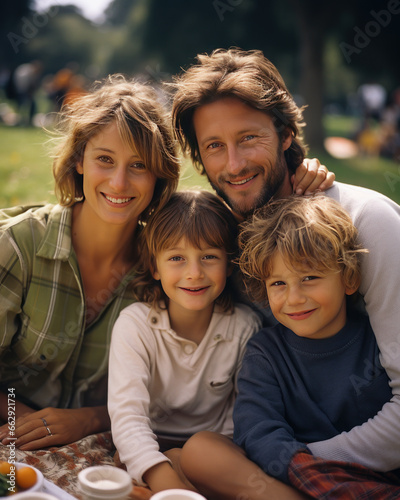 Young happy family with children on picnic vacation, joyful childhood with parents, weekend in nature