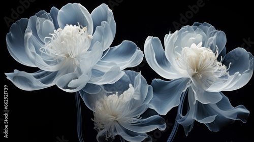 an x-ray art image of transparent peonies on black background. Beautiful blooming flowers.Illustration for cover  card  postcard  interior design  packaging  invitations or print