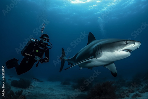 Dive into the awe inspiring underwater world with an impressive photo capturing a scuba diver alongside a massive shark, showcasing the beauty and thrill of marine life. Ai generated © dragomirescu