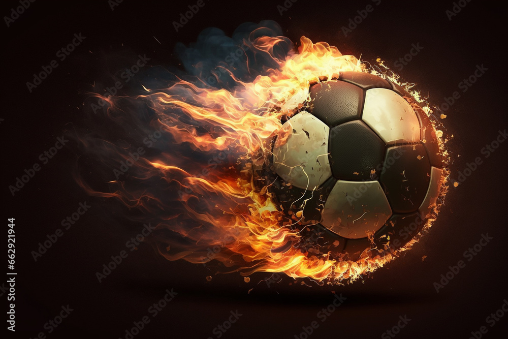 Fototapeta premium Ignite your passion for football with a dynamic representation featuring a blazing ball on fire capturing the intensity and excitement of the beautiful game. Ai generated
