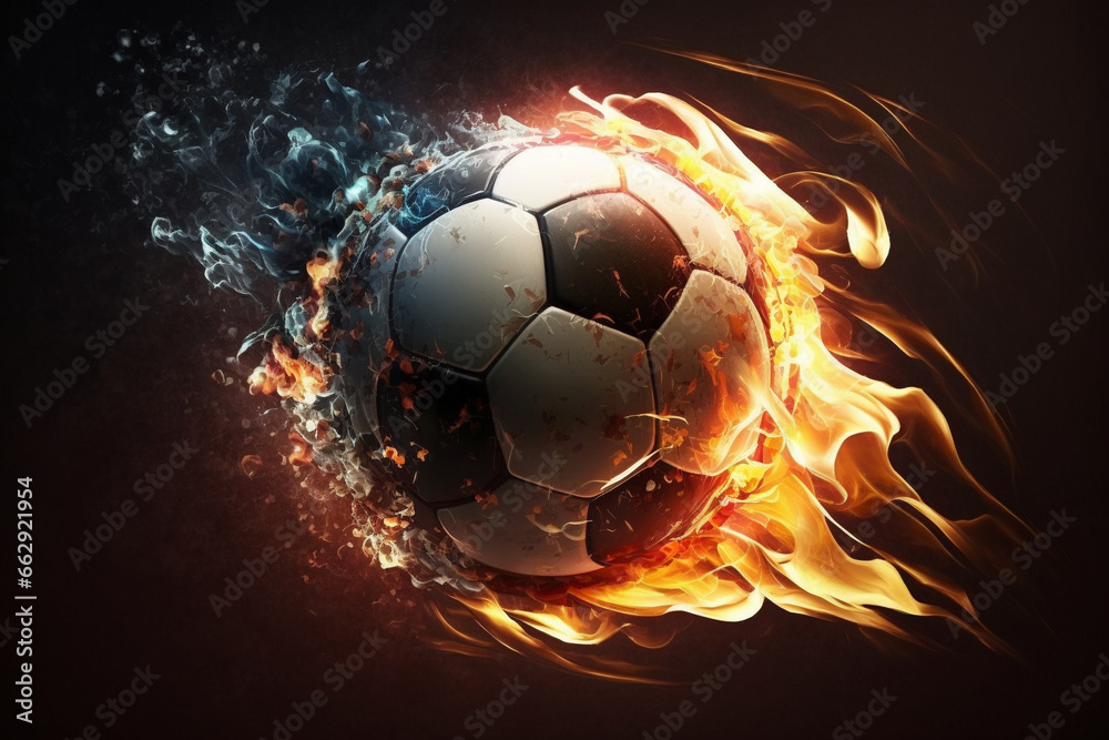 Naklejka premium Ignite your passion for football with a dynamic representation featuring a blazing ball on fire capturing the intensity and excitement of the beautiful game. Ai generated