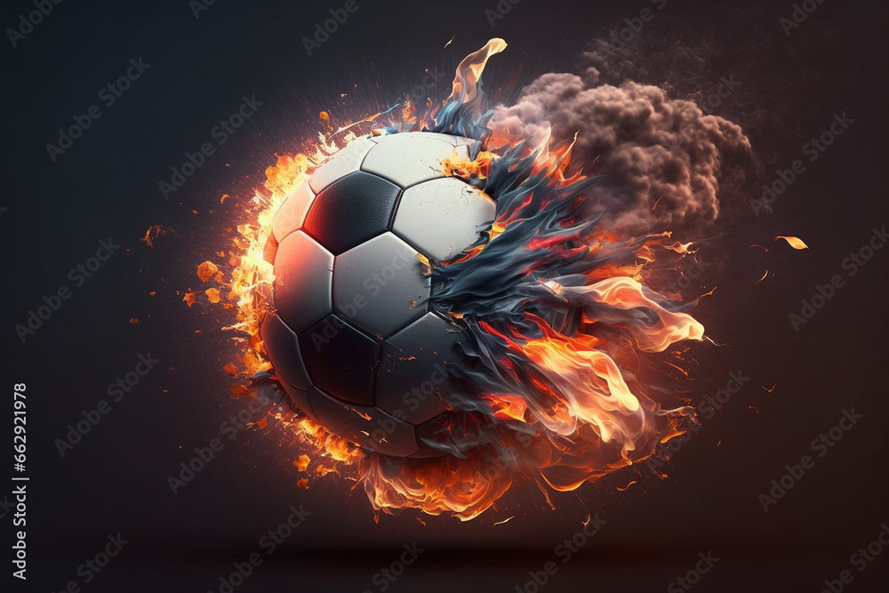 Fototapeta premium Ignite your passion for football with a dynamic representation featuring a blazing ball on fire capturing the intensity and excitement of the beautiful game. Ai generated