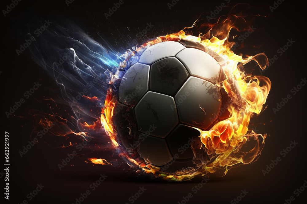 Fototapeta premium Ignite your passion for football with a dynamic representation featuring a blazing ball on fire capturing the intensity and excitement of the beautiful game. Ai generated