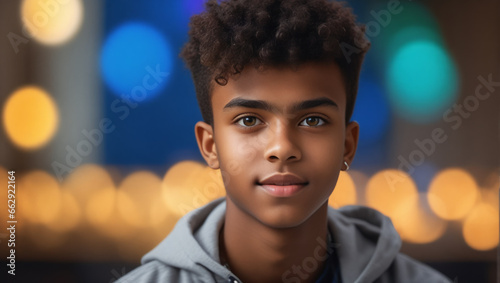 Portrait of a young boy against a city bokeh backdrop, capturing the innocence of primary school age. Ideal for educational and family-themed content..