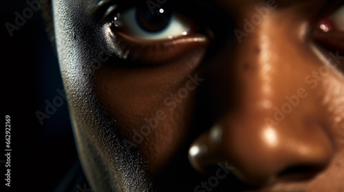 An extreme closeup shot depicting the musician's emotionally charged eyes while playing soulful jazz music in an exclusive setting.