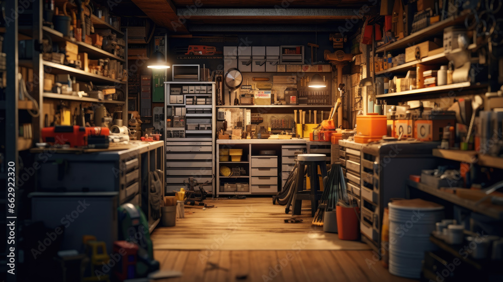 A garage with a classic car A garage with a classic car