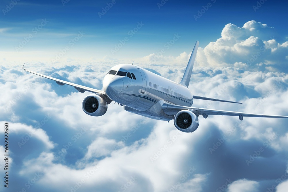 Passenger jet flying through clouds, representing travel and aviation industry. Generative AI