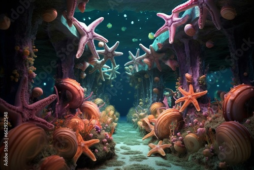 Decorations resembling starfish or mollusks in an underwater environment. Generative AI