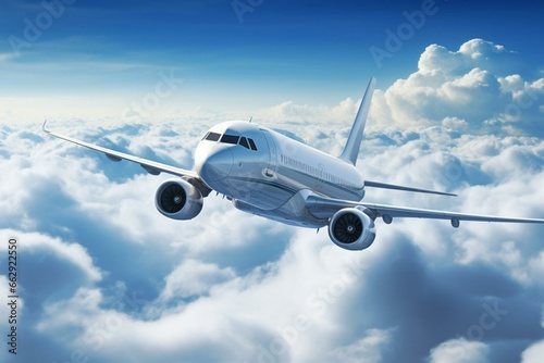 Passenger jet flying through clouds  representing travel and aviation industry. Generative AI