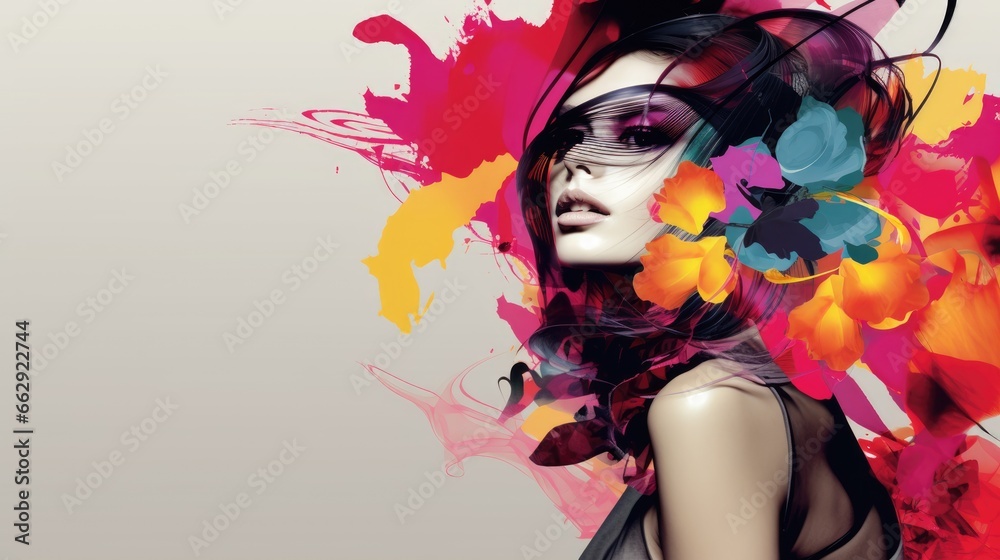 Abstract colorful illustration of a girl on neutral white background