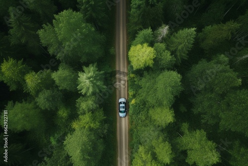 overhead perspective car traverses forest. Generative AI