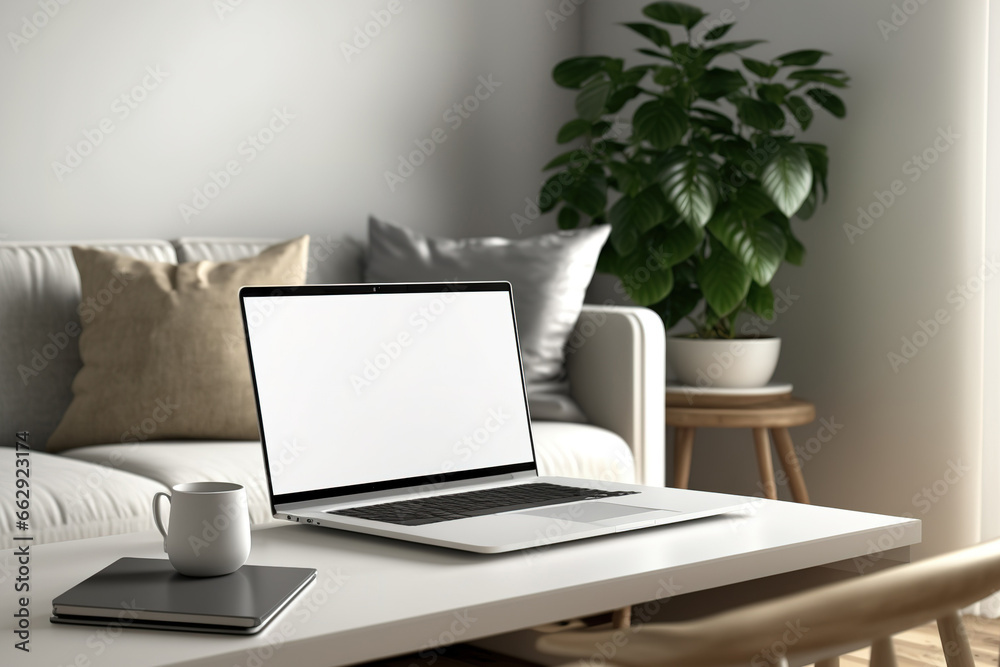 A blank laptop sits on a table in a modern living room. freelancing. mockup. Generative AI A blank laptop sits on a table in a modern living room. freelancing. mockup. Generative AI