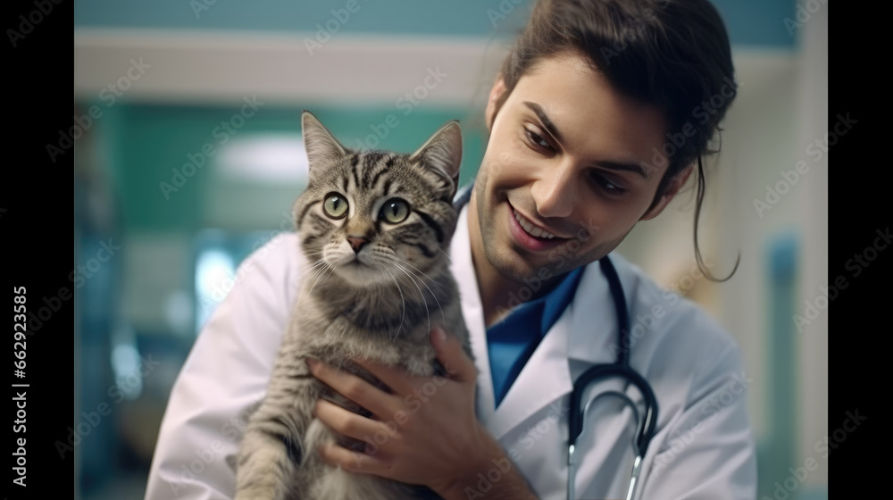 A veterinarian attentively examines a cute and content cat A veterinarian attentively examines a cute and content cat