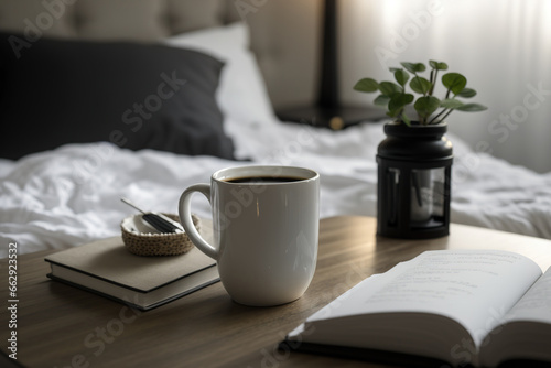 A wooden table holds a cup of coffee and a white book that is blank on the inside and closed in a contemporary bedroom. comfortable working and relaxing at home concept. Generative AI