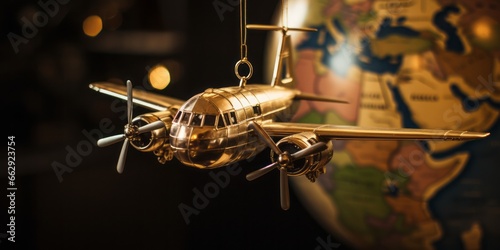 Model Plane Suspended Above an Aged Globe, Eliciting Dreams of Travel, Vacation, and Global Adventures, Where Air Miles Lead Globetrotters to First-Class Destinations