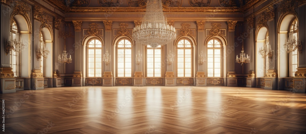 Empty palace interior with wooden flooring and chandelier With copyspace for text - obrazy, fototapety, plakaty 