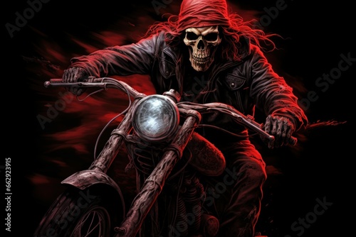 Metallic Biker demon skeleton. Monster skull. Generate Ai photo