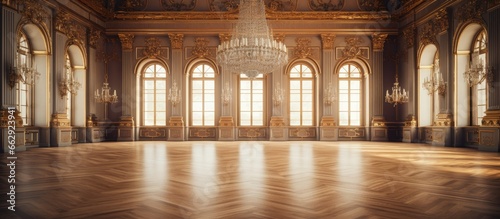 Empty palace interior with wooden flooring and chandelier With copyspace for text