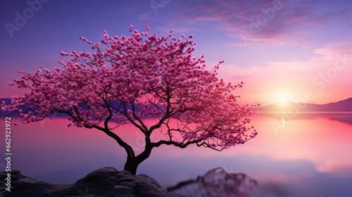  a tree with pink flowers in front of a lake at sunset. generative ai