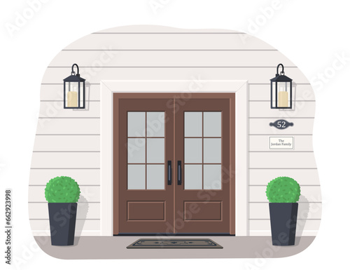 Exterior concept for house entrances. Elegant double front door with glass. Cartoon flat style. Vector illustration