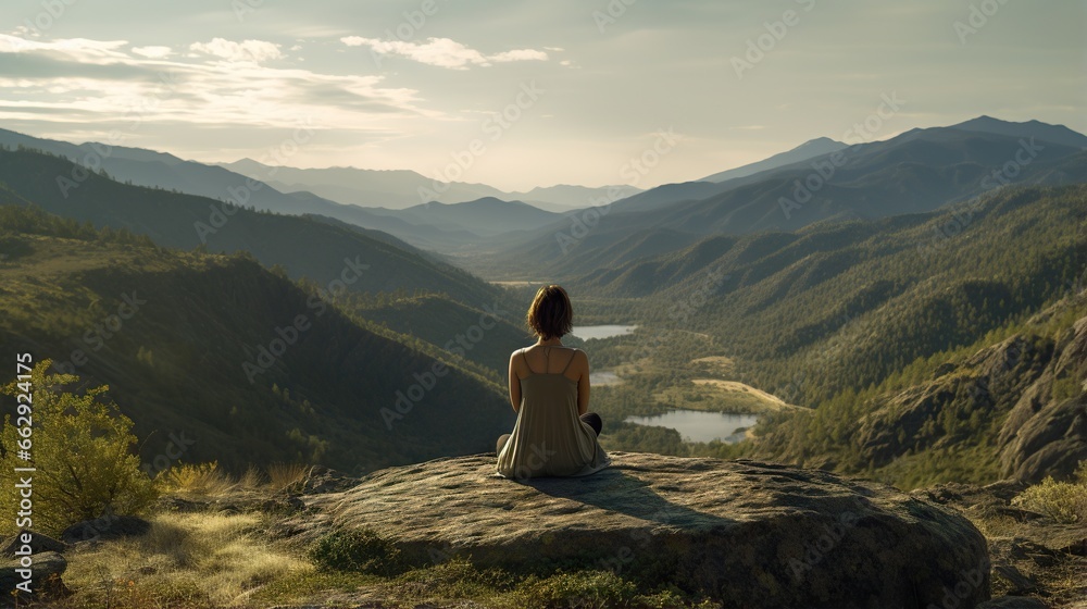  a woman sitting on top of a rock looking out over a valley.  generative ai