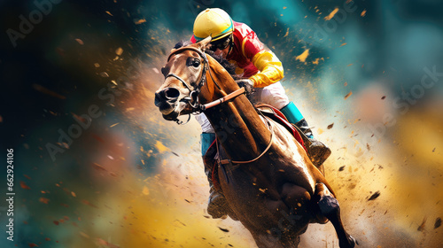 Equestrian Thunder: Dynamic Display of a Group of Racing Horses in Full Force at the Track, Horse Racing Excitement and Speed