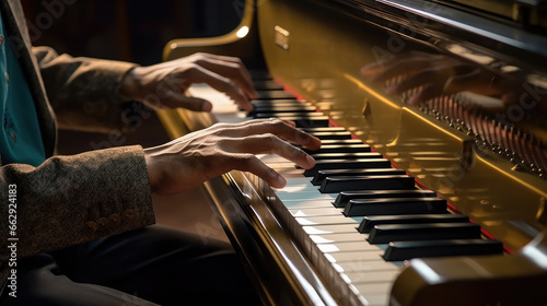 Close-up of a person's male hands expertly playing the piano keys