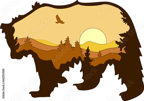 Silhouette walking bear  with mountains landscape double exposure effect. Wild nature concept. Vector illustration.