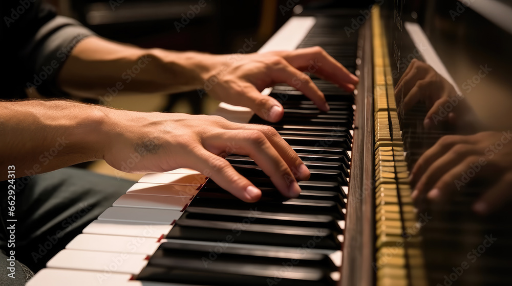 Close-up of a person's male hands expertly playing the piano keys