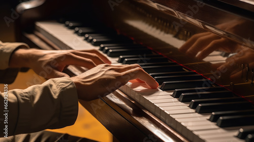 Close-up of a person's male hands expertly playing the piano keys