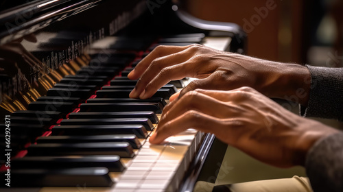 Close-up of a person's male hands expertly playing the piano keys