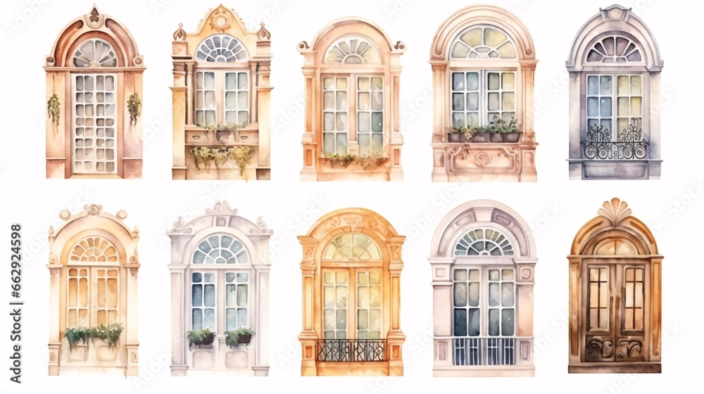 An assortment of charming watercolor illustrations portraying classic European windows