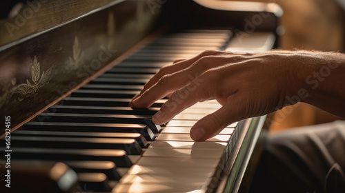 Close-up of a person's male hands expertly playing the piano keys