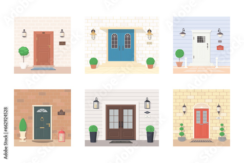 Set of front doors with lanterns, plants, signs. Exterior concept for house entrances. Vector illustration. Cartoon flat style