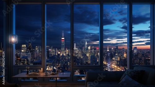  a living room with a view of the city at night. generative ai