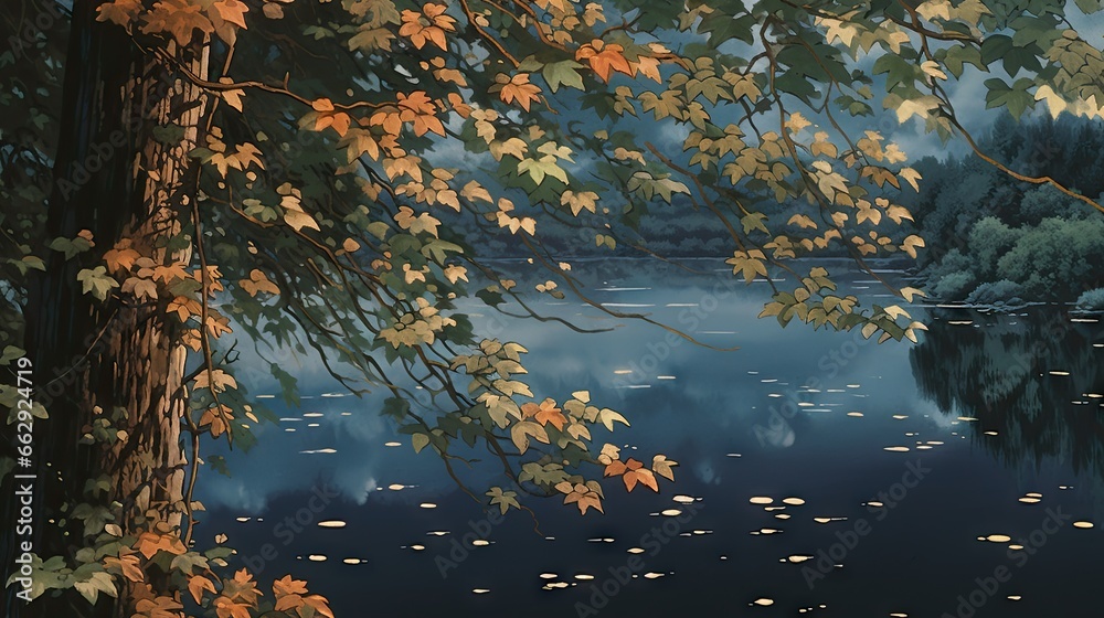 a painting of a lake with a tree in the foreground. generative ai a painting of a lake with a tree in the foreground. generative ai