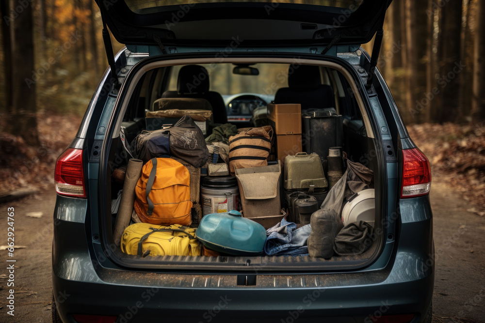 Open car trunk with suitcases and things, outdoor recreation, camping, travel concept