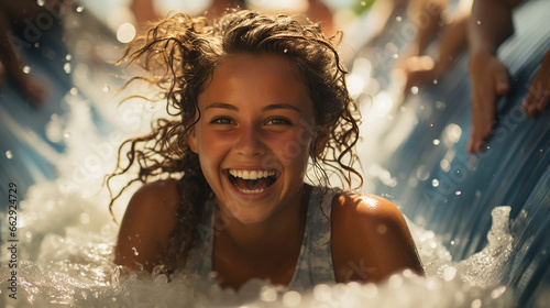 Happy young girl in a water park on rides © Roman