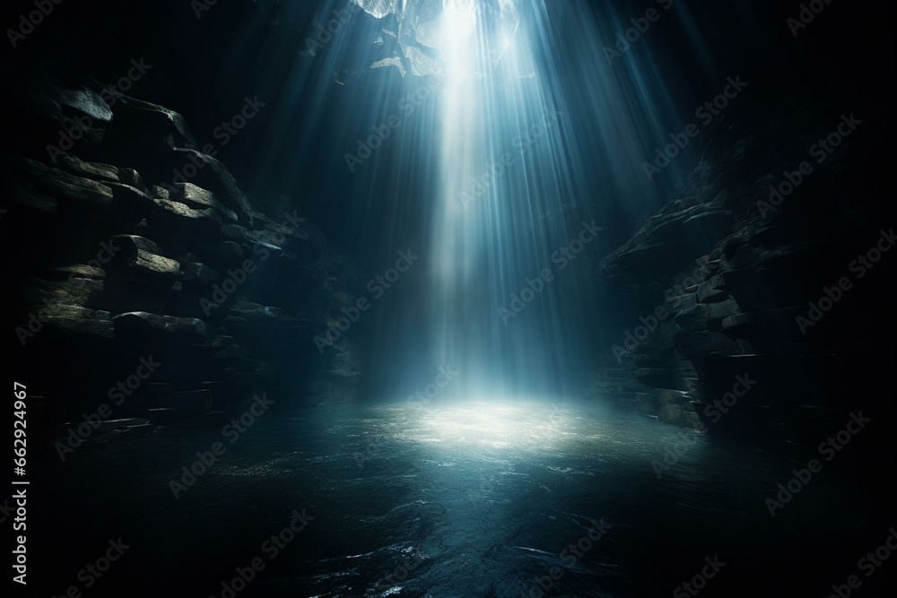 An underground chamber immersed in water with a beam of light shining from above. Generative AI